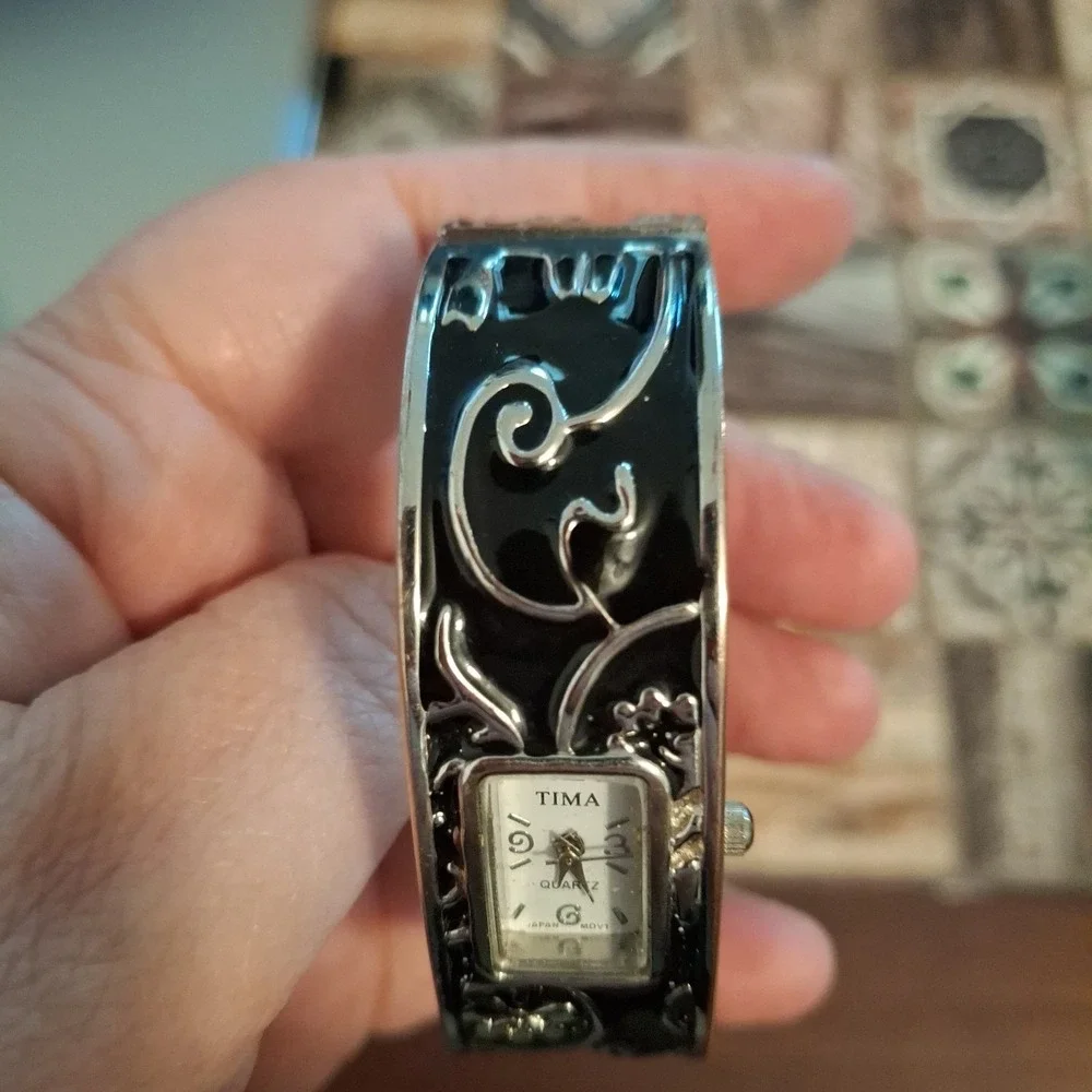 Womens Tima Hinged Black Enamel With Silver Floral Cuff Watch. New Batteries.